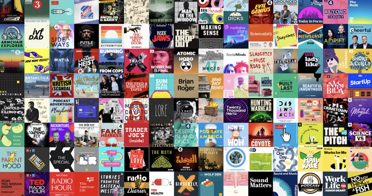A+collage+of+many+podcast+covers+%28Courtesy+of+18Sixty%29